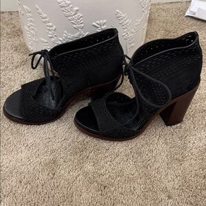 Black Peep-Toe Lace-Up Heeled Sandals